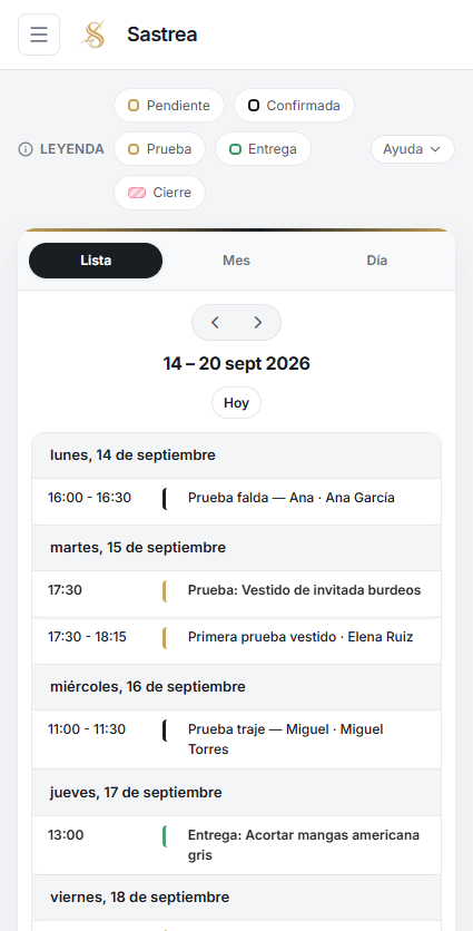 Agenda de citas de Sastrea en el móvil