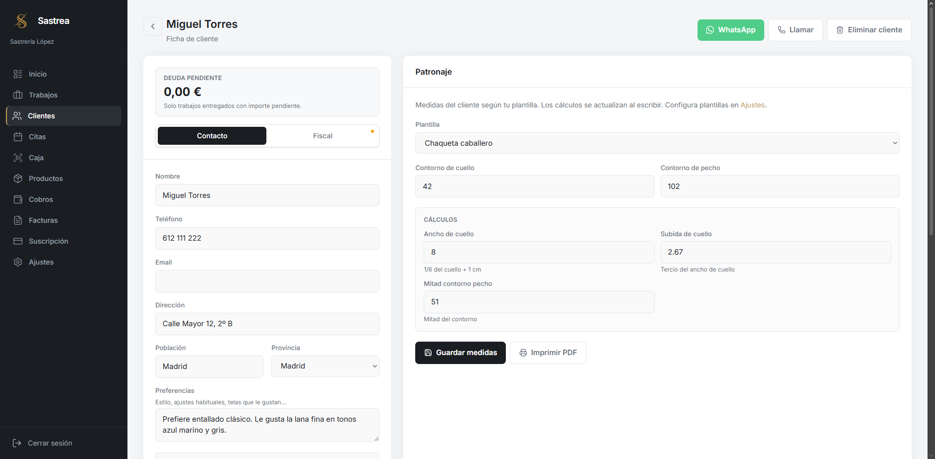 Ficha de cliente con medidas en Sastrea