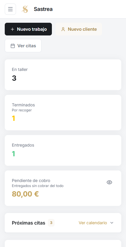 Inicio de Sastrea en el móvil