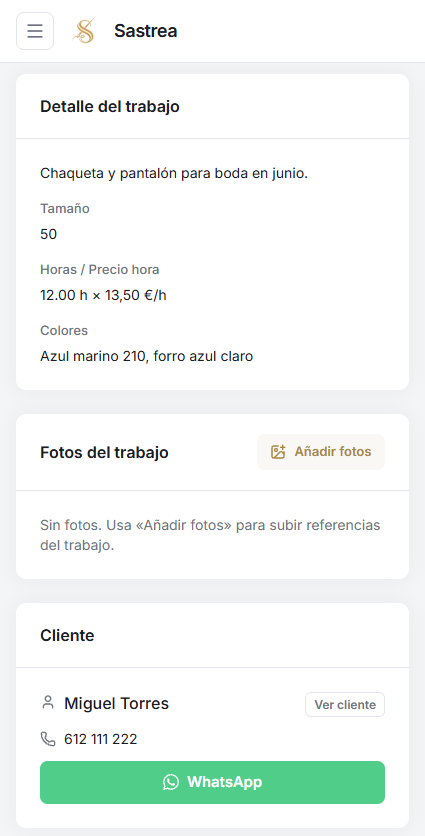 Detalle de un trabajo en el móvil, con WhatsApp