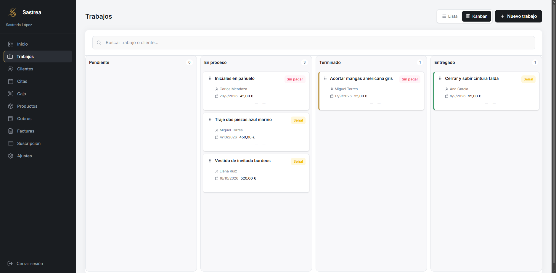 Tablero de trabajos de Sastrea: pendiente, en proceso, terminado y entregado